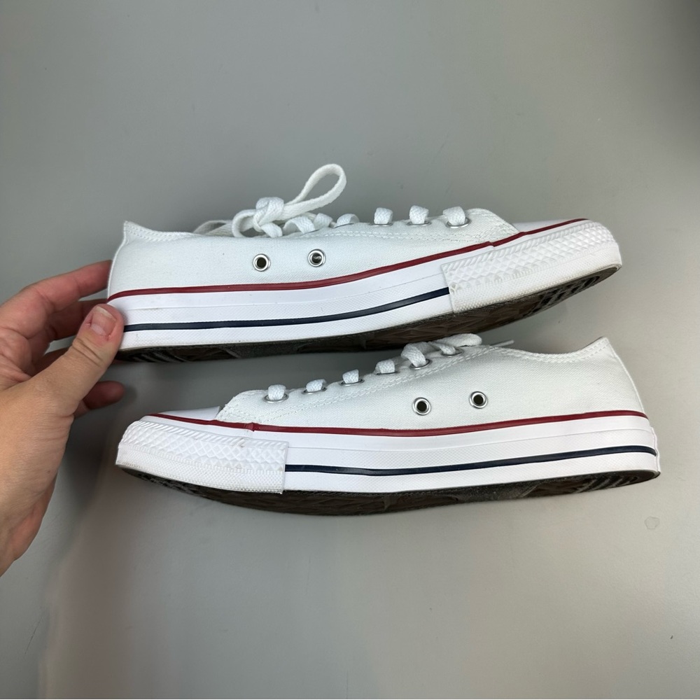 Converse White Low Top Canvas Sneakers with Red and Black Stripes - Picture 9 of 12